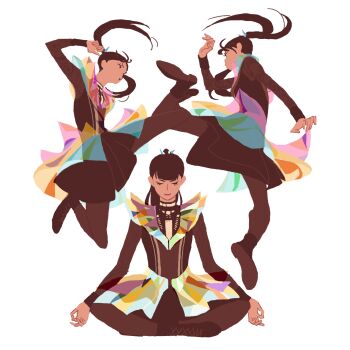  3girls 55bata6rou babymetal black_boots black_hair black_pantyhose black_shirt black_skirt boots closed_eyes closed_mouth double_ok_sign floating_hair flying_kick full_body highres indian_style jumping kicking kikuchi_moa leg_up long_hair long_sleeves looking_at_another midair mizuno_yui multiple_girls nakamoto_suzuka ok_sign pantyhose ponytail real_life shirt simple_background sitting skirt twintails white_background 