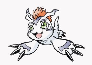  animal_focus claws commentary_request digimon digimon_(creature) fangs full_body gomamon green_eyes highres looking_up no_humans open_mouth smile solo uninori white_background 