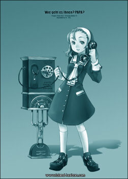  1girl antique_phone aqua_background aqua_theme archived_source breasts coat coat_dress collared_coat commentary_request corded_phone dress english_text forehead full_body german_text h2so4 hair_between_eyes kneehighs korean_commentary legs_apart long_sleeves medium_breasts medium_hair monochrome neckerchief open_mouth original phone pocket rotary_phone sailor_collar shoes socks solo standing straight_hair talking translation_request turtleneck vintage_clothes watermark web_address 