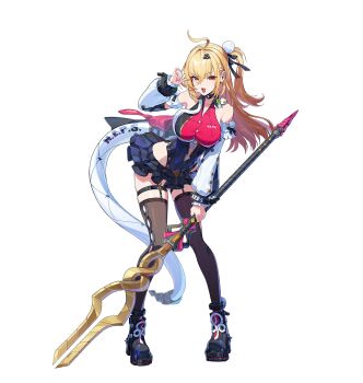  1girl bare_shoulders black_ribbon black_thighhighs blonde_hair boots cissia_(zenless_zone_zero) detached_sleeves fangs full_body hair_bobbles hair_ornament hair_ribbon highres leaning_forward leotard long_hair looking_at_viewer microskirt official_art one_side_up pink_nails polearm red_eyes ribbon side_ponytail skirt snake_tail solo spear tail thigh_strap thighhighs transparent_background weapon zenless_zone_zero 