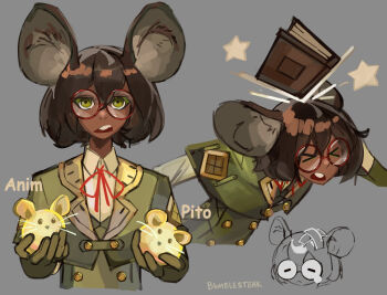  1girl anim animal_ears artist_name black_hair blush book brown_hair bumblesteak dark-skinned_female dark_skin glasses gloves green_eyes green_gloves grey_background highres long_sleeves looking_at_viewer mouse_ears mouse_girl mouse_tail non-web_source olive_(bumblesteak) open_mouth pito shirt short_hair simple_background solo star_(symbol) tail  rating:General score:1 user:danbooru