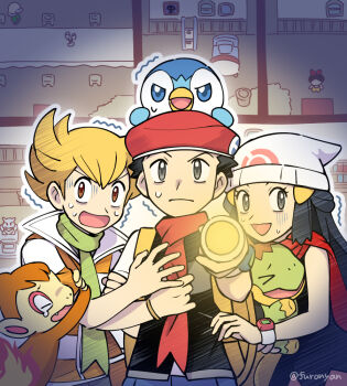  1girl 2boys barry_(pokemon) bird blonde_hair blue_hair brown_eyes chimchar commentary_request dawn_(pokemon) flashlight flashlight_beam furono_(fuloru) gen_4_pokemon grey_eyes haunted holding holding_flashlight lucas_(pokemon) monkey multiple_boys nintendo penguin piplup pokemon pokemon_dppt scared starter_pokemon_trio tortoise turtle turtwig 