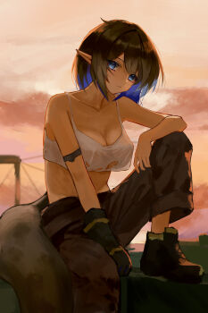  1girl absurdres ankle_boots arknights bare_shoulders black_boots black_gloves black_hair black_pants blue_eyes blue_hair boots breasts camisole chinese_commentary cleavage closed_mouth collarbone colored_inner_hair commentary_request crop_top day eunectes_(arknights) eunectes_(forgemaster)_(arknights) evening expressionless foot_out_of_frame gloves highres knee_up looking_at_viewer medium_breasts multicolored_hair official_alternate_costume outdoors pants pointy_ears short_hair single_glove solo spaghetti_strap tail torn_clothes white_camisole y_feng_l 