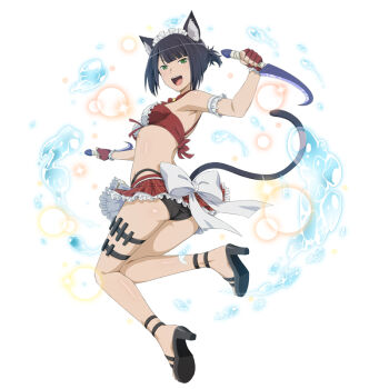  1girl :d animal_ear_fluff animal_ears anime_coloring arm_garter ass bare_shoulders bikini bikini_skirt black_hair black_sandals blunt_bangs bow breasts cat_ears cat_girl cat_tail chloe_rollo danmachi_memoria_freese dual_wielding dungeon_ni_deai_wo_motomeru_no_wa_machigatteiru_darou_ka fingerless_gloves frilled_bikini frilled_skirt frills from_behind full_body gloves green_eyes high_heel_sandals holding holding_knife knife looking_at_viewer looking_back maid maid_bikini maid_headdress midair official_alternate_costume official_art open_mouth ponytail red_gloves red_skirt reverse_grip sandals short_hair short_ponytail sidelocks skirt small_breasts smile solo swimsuit tail thigh_strap third-party_source unconventional_maid water white_background white_bow white_headdress 