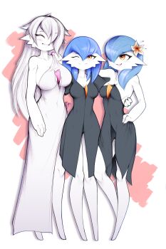  3girls ^_^ alternate_color alternate_shiny_pokemon arm_around_back bare_shoulders barefoot black_dress blue_hair blueman282 blush breasts cleavage_cutout closed_eyes clothing_cutout collarbone colored_skin covered_navel dress facing_viewer female_focus flower full_body gardevoir gen_3_pokemon grin hair_between_eyes hair_flaps hair_flower hair_ornament hair_over_one_eye halter_dress halterneck happy hibiscus knees_together_feet_apart large_breasts light_blush long_dress long_hair looking_at_another looking_at_viewer medium_breasts medium_hair multiple_girls nintendo no_feet one_eye_closed one_eye_covered open_mouth orange_eyes orange_flower pink_background pokemon shiny_pokemon short_sleeves sidelocks simple_background single-shoulder_dress smile split_mouth standing teeth very_long_hair white_dress white_hair white_skin wink 