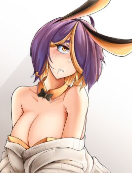  1girl animal_ear_hairband animal_ears armpit_crease bare_shoulders black_bow black_bowtie blush bow bowtie breasts cleavage clothes_pull colored_inner_hair commentary detached_collar dilan_griz english_commentary eyebrow_piercing face_piercing fake_animal_ears hair_over_one_eye hairband highres large_breasts looking_up makeup multicolored_hair one_eye_covered orange_eyes orange_streaks original parted_bangs parted_lips piercing purple_hair queen_(dilan_griz) rabbit_ear_hairband rabbit_ears runny_makeup short_hair solo streaked_hair sweater sweater_pull tearing_up upper_body white_background white_sweater 