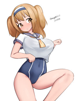  1girl absurdres aoba_(kancolle) aoba_(kancolle)_(cosplay) blue_one-piece_swimsuit breasts brown_eyes brown_hair cosplay feet_out_of_frame hairband highres i-26_(kancolle) kantai_collection large_breasts long_hair maru_(marg0613) multicolored_hairband neckerchief new_school_swimsuit one-hour_drawing_challenge one-piece_swimsuit purple_sailor_collar sailor_collar sailor_shirt school_swimsuit school_uniform serafuku shirt simple_background solo swimsuit swimsuit_under_clothes two-tone_hairband two_side_up white_background white_shirt yellow_neckerchief 