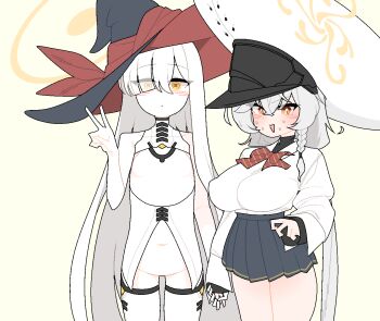  2girls bare_shoulders blue_archive bow braid breastless_clothes breasts commentary cowboy_shot crotchless dthmns eri_(blue_archive) expressionless grey_hair halo headwear_switch holding_hands korean_commentary large_breasts large_hat long_hair looking_at_viewer malkuth_(blue_archive) multiple_girls navel pleated_skirt red_bow shirt simple_background skirt small_breasts sweat symbol-shaped_pupils thighhighs v white_shirt white_thighhighs x-shaped_pupils yellow_background yellow_eyes 