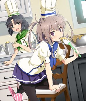  2girls :o arm_support batter black_hair black_pantyhose blue_neckerchief blue_skirt blush brown_hair buttons cabinet chair chef_hat dot_nose double-breasted dutch_angle game_cg green_neckerchief grey_eyes hair_ornament hat holding holding_spatula indoors kitchen leaning_forward licking looking_at_viewer medium_hair mixing_bowl multiple_girls musumi_kiyoka neckerchief official_art on_chair open_mouth pantyhose patissier pink_slippers purple_eyes shichinosato_kofuki short_hair short_sleeves sidelocks sideways_glance skirt skull_hair_ornament slippers small_sweatdrop spatula teeth third-party_source toji_no_miko toji_no_miko:_kizamishi_issen_no_tomoshibi tongue tongue_out twintails upper_teeth_only 