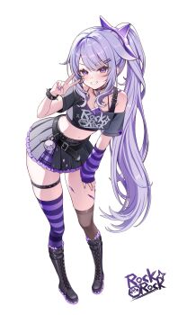  1girl absurdres arm_warmers asymmetrical_legwear belt black_belt black_boots black_shirt black_skirt black_thighhighs boots clenched_teeth commentary_request cropped_shirt full_body hair_ornament hairclip hand_up highres hololive hololive_english knee_boots koseki_bijou long_hair looking_at_viewer midriff mismatched_legwear navel noraneco117 open_mouth ponytail purple_eyes purple_hair shirt short_sleeves simple_background single_arm_warmer skirt smile solo standing striped_arm_warmers striped_clothes striped_thighhighs teeth thigh_strap thighhighs v v-shaped_eyebrows very_long_hair virtual_youtuber white_background 