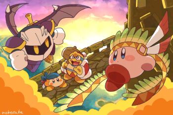  bandana_waddle_dee blue_eyes blush_stickers bridge coat commentary_request flying full_body hat holding holding_mallet king_dedede kirby kirby_(series) mallet meta_knight nintendo open_mouth polearm red_coat red_hat roku_(rokkrn) signature solid_oval_eyes spear weapon wing_kirby wings yellow_eyes 
