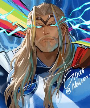  1boy agoatnelson armor artist_name beard blonde_facial_hair blonde_hair blue_eyes cape circlet commentary english_commentary facial_hair glowing glowing_eyes lightning long_hair looking_at_viewer male_focus marvel official_alternate_costume parted_bangs rainbow red_cape solo thor_(marvel) thor_(marvel)_(series) upper_body 