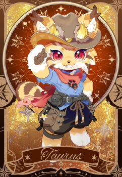  1girl animal_ears animal_feet animal_hands arm_up belt blue_shirt brown_shorts cape cat_ears cat_girl cat_tail chibi chibi_only chibikemo commentary cowgirl_(western) digitigrade felice_(fluffy_land) fluffy_land furry furry_female grin hand_on_own_hip hat highres horns kikugawa_ru looking_at_viewer lynx official_alternate_costume official_art paw_print pawpads red_cape red_eyes second-party_source shirt shorts smile solo symbol-only_commentary tail taurus_(symbol) taurus_(zodiac) torn_cape torn_clothes yellow_fur zodiac 