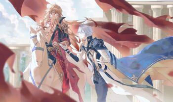  2boys absurdres architecture arm_behind_back armor black_pants blonde_hair blue_cape blue_sky blurry blurry_foreground braid cape chinese_commentary closed_mouth cloud coat collared_coat column commentary_request cuisses day facial_tattoo feet_out_of_frame gloves gold_necklace gold_trim gradient_hair greco-roman_architecture hair_between_eyes highres honkai:_star_rail honkai_(series) jewelry long_hair long_sleeves looking_at_another male_focus multicolored_hair multiple_boys mydei_(honkai:_star_rail) necklace offering_hand_to_another outdoors pants pauldrons phainon_(honkai:_star_rail) pillar profile red_hair red_tattoo shirt short_hair shoulder_armor side_braid single_braid single_pauldron sky smile standing sword tattoo two-sided_cape two-sided_fabric weapon white_coat white_gloves xiyou_de_huakucha 