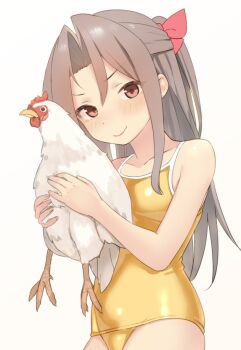  1girl alternate_color_school_swimsuit animal bird blush breasts brown_eyes brown_hair chicken collarbone headband holding holding_animal kantai_collection long_hair looking_at_viewer one-piece_swimsuit ponytail ribbon sakiecho school_swimsuit small_breasts smile swimsuit white_background yellow_one-piece_swimsuit zuihou_(kancolle) 
