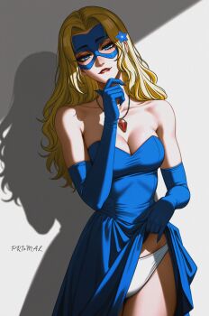  1girl artist_name bare_shoulders biting_own_lip blonde_blazer blonde_hair blue_flower blue_gloves breasts cleavage clothes_lift collarbone commentary dispatch dress dress_lift elbow_gloves english_commentary flower gem gloves hair_flower hair_ornament highres jewelry long_hair looking_at_viewer mask necklace panties panty_peek prixmal red_gemstone shadow solo standing strapless strapless_dress underwear white_panties 