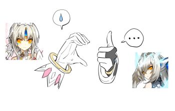  ... 2girls bracelet code:_esencia_(elsword) code:_sariel_(elsword) commentary_request eirlys_els elsword eve_(elsword) gloves heart heart_hands jewelry multiple_girls rejection sweat thumbs_up white_background white_gloves yuri 