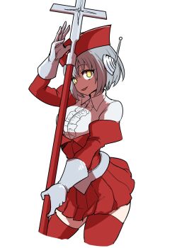  1girl breasts cosplay cropped_legs gloves highres holding holding_weapon okamura_(okamura086) open_mouth personification polearm red_arrow_(weapon) redman redman_(character) redman_(cosplay) shirt short_hair simple_background smile solo spear tokusatsu tsuburaya_productions weapon white_background white_gloves yellow_eyes 