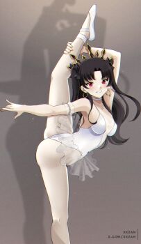  1girl armpits artist_name ballerina ballet ballet_slippers black_hair breasts commentary commentary_request earrings english_commentary fate/grand_order fate_(series) grey_background highres ishtar_(fate) jewelry leotard long_hair mixed-language_commentary red_eyes simple_background small_breasts smile solo split standing standing_on_one_leg standing_split tiara tutu twintails very_long_hair white_leotard xkzan 