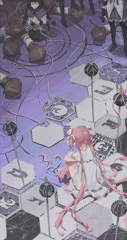  5girls absurdres akemi_homura akemi_homura_(magical_girl) black_hair black_thighhighs bow braid capelet chinese_commentary choker commentary_request dress faceless facing_away from_above from_behind gibberish_commentary glasses gloves grief_seed gun hair_bow hair_ribbon head_out_of_frame highres holding holding_gun holding_string holding_weapon honeycomb_(pattern) hugging_own_legs kaname_madoka knees_up long_hair long_sleeves madoka_runes magical_girl mahou_shoujo_madoka_magica mahou_shoujo_madoka_magica_(anime) multiple_girls multiple_persona out_of_frame pink_hair pleated_skirt ribbon seiza shirt shixin_changjinglu short_sleeves sitting skirt spool string thighhighs thread two_side_up ultimate_madoka weapon white_choker white_dress white_gloves white_shirt 