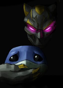  1boy black_background black_eyes black_panther_(marvel) black_panther_(series) claws commentary covering_another's_mouth dark english_commentary furrowed_brow glowing glowing_eyes gregory_house_kidnap_a_child_(meme) highres jeff_(marvel) looking_at_viewer male_focus marvel marvel_rivals mask meme peril pink_eyes pocho22059768 prowler_goku_(meme) scared shark superhero_costume 