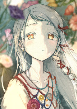  1girl absurdres blonde_hair blurry blurry_background blurry_foreground blush braid collarbone colored_eyelashes commentary_request corsage depth_of_field dress earrings flower gakuen_idolmaster hair_ribbon highres idolmaster jewelry k6tetsu long_hair looking_at_viewer orange_eyes parted_lips purple_flower red_flower red_ribbon ribbon ribbon_braid rope shinosawa_hiro single_braid single_sleeve solo stud_earrings sunfaded_(idolmaster) sweat swept_bangs upper_body white_dress yellow_flower 