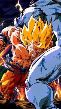  2boys absurdres alien battle blonde_hair blood blood_on_arm blood_on_face blue_shirt clenched_hand clenched_teeth colored_skin commentary_request dragon_ball dragonball_z flying frieza full_power_frieza green_eyes highres male_focus medium_hair multiple_boys muscular muscular_male nishitakuart open_mouth orange_pants pants shirt smear_frame son_goku spiked_hair super_saiyan super_saiyan_1 teeth thunder torn_clothes torn_shirt white_skin 
