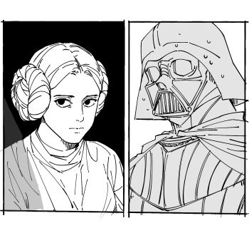  1boy 1girl black_background black_eyes cape darth_vader double_bun dress greyscale hair_bun helmet highres monochrome princess_leia sith star_wars staring sweat timneh transparent white_background 