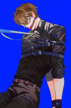  1boy alternate_costume arms_behind_back ball_gag bdsm belt belt_buckle black-framed_eyewear black_pants black_shirt blue_background blue_belt bondage bound bound_arms bound_wrists brown_belt brown_eyes brown_hair buckle chromatic_aberration clothes_grab collared_shirt commentary cowboy_shot eyes_visible_through_hair gag glasses highres honkai:_star_rail honkai_(series) looking_at_viewer male_focus multicolored_hair necktie necktie_grab neckwear_grab pants saliva semi-rimless_eyewear shirt short_hair simple_background solo streaked_hair symbol-only_commentary under-rim_eyewear welt_yang white_streaks wing_collar xiyuan_(jjnm7) 