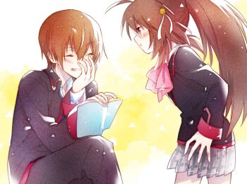 1girl :t ^_^ ahoge bell black_jacket black_pants blush book bow bowtie brother_and_sister brown_hair chogi closed_eyes closed_mouth commentary_request cowboy_shot crossed_legs from_side grey_skirt grin hair_bell hair_ornament hair_ribbon hand_on_own_face holding holding_book jacket jingle_bell laughing leaning_forward little_busters! little_busters!_school_uniform long_hair long_sleeves looking_at_another miniskirt natsume_kyousuke natsume_rin open_book pants pink_bow pink_bowtie plaid_clothes plaid_skirt pleated_skirt ponytail pout profile ribbon school_uniform short_hair siblings simple_background sitting skirt smile v-shaped_eyebrows very_long_hair white_ribbon yellow_background