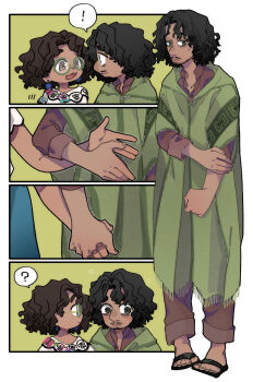  1boy 1girl absurdres brown_eyes brown_hair bruno_madrigal colombian_clothes commentary_request curly_hair dark-skinned_female dark-skinned_male dark_skin earrings encanto green-framed_eyewear highres jewelry mirabel_madrigal round_eyewear shirt short_hair simple_background skirt smile sweetp247 white_shirt 