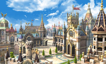  3d arched_window architecture artist_request balcony battlement bird blue_sky blurry blurry_foreground bridge buttress castle cloud cloudy_sky cross day depth_of_field european_architecture flag gable_roof gate gothic_architecture highres latin_cross muntins nexon official_art orlanne orlie outdoors rooftop rose_window scenery second-party_source sky spire tales_weaver tile_roof tower white_bird window 