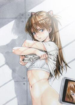  1girl blue_eyes bra breasts brown_hair cellphone cellphone_photo closed_mouth clothes_lift commentary dressing hairpods highres indoors katsu_(24791909) lifting_own_clothes long_hair looking_at_viewer marker_(medium) navel neon_genesis_evangelion one_side_up paid_reward_available phone shirt shirt_lift short_sleeves small_breasts smartphone solo souryuu_asuka_langley t-shirt traditional_media underwear white_bra white_shirt 