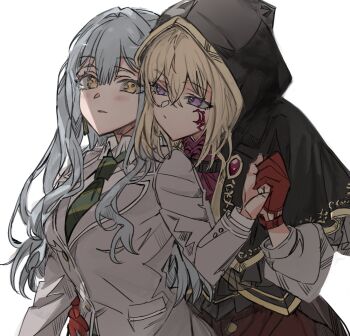  2girls aver_(yumenokessho) bang_dream! bang_dream!_it's_mygo!!!!! blue_hair blush commentary_request doloris_(bang_dream!) facial_mark gloves green_necktie grey_jacket hair_between_eyes haneoka_school_uniform highres holding_hands hood hood_up jacket junjun_(kimi-la) long_hair misumi_uika multiple_girls necktie open_mouth purple_eyes red_gloves school_uniform simple_background togawa_sakiko white_background yellow_eyes yumenokessho yuri 