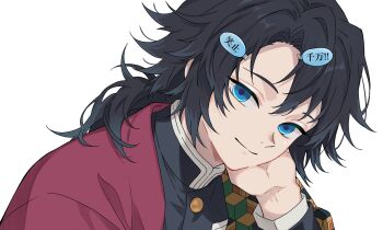  1boy absurdres black_hair black_jacket blue_eyes buttons closed_mouth demon_slayer_uniform gold_buttons haori head_rest high_collar highres jacket japanese_clothes kikkoumon kimetsu_no_yaiba kqi621 long_hair looking_at_viewer low_ponytail male_focus ponytail print_haori red_haori simple_background smile solo spiked_hair tomioka_giyuu translation_request white_background 