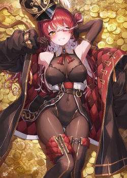  1girl absurdres arm_behind_head armpits arms_up ascot belt black_bodysuit black_coat black_gloves black_hat black_leotard black_pantyhose blush bodysuit bodysuit_under_clothes boots breasts brooch brown_belt cleavage coat coin commentary_request covered_navel elbow_gloves feet_out_of_frame from_above gloves gold_coin gold_trim grin hair_bun hair_over_one_eye hat heterochromia highleg highleg_leotard highres hololive houshou_marine houshou_marine_(marching_band) jewelry kokukyukeo large_breasts leather_belt leotard long_hair long_sleeves looking_at_viewer lying multicolored_hair on_back one_side_up open_clothes open_coat pantyhose plume puffy_long_sleeves puffy_sleeves red_ascot red_eyes red_hair see-through_clothes see-through_cleavage shako_cap shiny_clothes sidelocks single_hair_bun smile solo strapless strapless_leotard streaked_hair tassel thigh_boots thigh_gap thighs two-tone_hair unzipped virtual_youtuber white_hair yellow_eyes zipper_pull_tab  rating:Sensitive score:45 user:danbooru