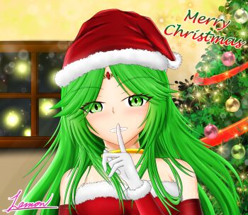  1girl alternate_costume armpit_crease artist_request bare_shoulders breasts christmas_tree clenched_teeth collarbone curled_fingers detached_sleeves dress english_text eyelashes facing_viewer female_focus finger_to_mouth forehead_jewel gloves green_eyes green_hair grin hair_flaps hand_up happy hat head_chain highres index_finger_raised indoors jewelry kid_icarus kid_icarus_uprising large_breasts light_blush long_hair looking_at_viewer matching_hair/eyes merry_christmas neck neck_ring nintendo no_bra palutena parted_bangs parted_lips santa_costume santa_hat shushing sidelocks signature smile strapless strapless_dress teeth upper_body very_long_hair white_gloves 