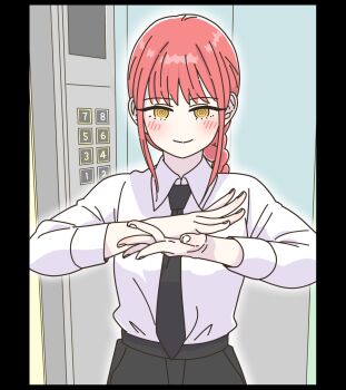  1girl black_border black_necktie black_pants border braid braided_ponytail chainsaw_man commentary_request elevator highres kazkitashima light_blush makima_(chainsaw_man) necktie orange_eyes pants red_hair ringed_eyes shirt sidelocks single_braid smile solo upper_body white_shirt 