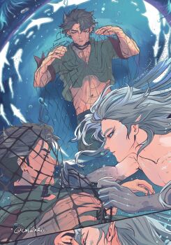  2boys absurdres alternate_costume animal asphyxiation bandaged_neck bandages black_bandages black_hair collared_shirt commentary drowning ear_piercing earrings english_commentary entangled fish fishing_net genshin_impact highres jewelry long_hair looking_at_another male_focus merman monster_boy monsterification multiple_boys naya_(onaxart) neuvillette_(genshin_impact) piercing shirt short_hair submerged twitter_username underwater wriothesley_(genshin_impact) 