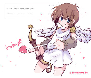  1boy androgynous angel angel_wings arrow_(projectile) blue_eyes bow_(weapon) brown_hair heart heart_arrow highres holding holding_bow_(weapon) holding_weapon kid_icarus kid_icarus_(nes) male_focus nintendo pit_(kid_icarus) request_inset solo twitter_username weapon wings zakichi0514 