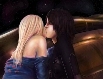  2girls black_hair blonde_hair closed_eyes crossover halo_(game) halo_(series) haloid kiss ma_rin metroid multiple_girls nicole-458 nintendo samus_aran skin_tight space undressing unknown_creation_date yuri zero_suit 
