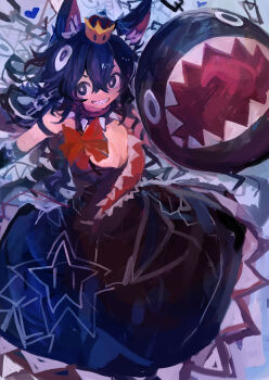  1girl absurdres animal_ears black_choker black_dress black_eyes black_hair bow breasts chain chain_chomp choker dress grin hair_between_eyes heart highres kaamin_(mariarose753) large_breasts long_hair looking_at_viewer mario_(series) new_super_mario_bros._u_deluxe nintendo open_mouth princess_chain_chomp red_bow simple_background smile solo spiked_choker spikes star_(symbol) super_crown tongue 