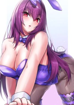  1girl absurdres animal_ears arm_support bare_arms bare_shoulders blush bow bowtie breasts cleavage collarbone commentary_request detached_collar fake_animal_ears fate/grand_order fate_(series) fishnet_pantyhose fishnets hairband highleg highleg_leotard highres kueru_1285 large_breasts leotard long_hair looking_at_viewer original pantyhose parted_lips playboy_bunny purple_bow purple_bowtie purple_hair purple_hairband purple_leotard rabbit_ears rabbit_tail red_eyes scathach_(fate) scathach_(piercing_bunny)_(fate) solo strapless strapless_leotard tail thighs wrist_cuffs 
