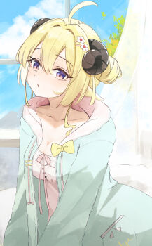  1girl ahoge animal_ears blonde_hair blue_sky breasts camisole cleavage cloud commentary curtains day frilled_camisole frills green_jacket hair_bun hair_ornament hairclip highres hololive hood hooded_jacket horns indoors jacket large_breasts looking_at_viewer loungewear malvar official_alternate_costume official_alternate_hairstyle open_mouth pink_camisole purple_eyes sheep_ears sheep_girl sheep_horns short_hair sitting sky solo tsunomaki_watame tsunomaki_watame_(loungewear) untranslatable_commentary virtual_youtuber window 