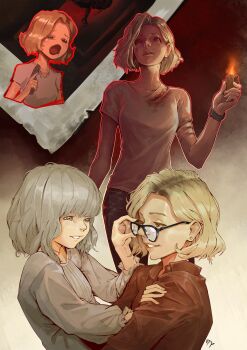  2girls absurdres bandages blonde_hair blood bloody_bandages brown_jacket child commentary dress earrings emily_(resident_evil) fellgorr glasses grace_ashcroft grey_hair gun handgun highres jacket jewelry lighter multiple_girls resident_evil resident_evil_requiem shirt short_hair watch weapon white_dress white_shirt wristwatch zippo_lighter 