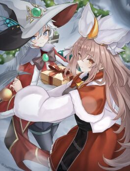  2girls black_hat brown_eyes brown_hair capelet christmas comic_lo commentary_request dress duel_monster grey_eyes grey_hair hat highres looking_at_viewer multiple_girls red_capelet red_dress rucia_of_the_white_forest short_hair silvy_of_the_white_forest white_hat witch_hat yu-gi-oh! zen77766 