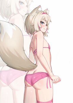  1girl absurdres animal_ear_fluff animal_ears ass bikini blonde_hair blue_eyes butt_crack dog_ears dog_girl dog_tail fake_horns flat_chest hairband highres hololive hololive_english horn_hairband kurohi_drw looking_at_viewer mococo_abyssgard multicolored_hair pink_bikini pink_hair pink_hairband side-tie_bikini_bottom streaked_hair swimsuit tail virtual_youtuber zoom_layer 