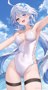  1girl ;d ahoge armpits ascot blue_eyes blue_hair blue_sky breasts cloud colored_inner_hair covered_navel cowboy_shot drop-shaped_pupils furina_(genshin_impact) genshin_impact grey_hair hair_between_eyes hair_ornament highres long_hair looking_at_viewer lunacle medium_breasts multicolored_hair ocean one-piece_swimsuit one_eye_closed open_mouth outdoors outstretched_arms paid_reward_available side-tie_one-piece_swimsuit skindentation sky smile solo spread_arms starfish_hair_ornament strapless strapless_one-piece_swimsuit swimsuit symbol-shaped_pupils thigh_strap vision_(genshin_impact) white_ascot white_one-piece_swimsuit  rating:Sensitive score:44 user:danbooru