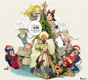  anger_vein blonde_hair blue_eyes blue_hair broom brown_eyes bullet cake camouflage camouflage_pants candy chokha christmas christmas_cake christmas_lights christmas_ornaments christmas_sweater christmas_tree commentary earrings english_commentary eva_(kavunyak) explosive fang fire_extinguisher fireworks food freckles fumo_(doll) georgian_clothes gingerbread_house green_eyes grenade hair_bun hanna_kovalchuk headscarf highres holding holding_broom holding_fire_extinguisher jewelry kraken_(japanon) long_hair marichka multiple_girls nervous nervous_sweating nika_(usergore) olena_bozhuk open_mouth orange_eyes original pants polish_text prosthesis prosthetic_arm sharp_teeth short_hair skin_fang smile socks sweat teeth usergore white_hair woodland_camouflage 