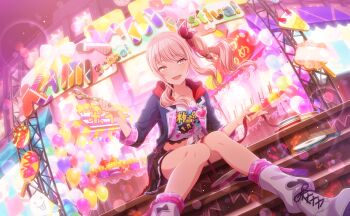  1other :d akiyama_mizuki balloon black_jacket blurry bokeh candy_apple clothes_writing colorful_palette corn_dog cotton_candy crepe depth_of_field food french_fries game_cg heart highres holding holding_scissors hood hooded_jacket jacket kamikou_festival!_(project_sekai) ketchup_bottle looking_at_viewer medium_hair mustard_bottle official_alternate_costume official_art open_mouth pink_eyes pink_hair project_sekai scissors shirt shoes side_ponytail sidelocks sitting smile solo stairs t-shirt takoyaki third-party_source tongue white_shirt white_shoes 